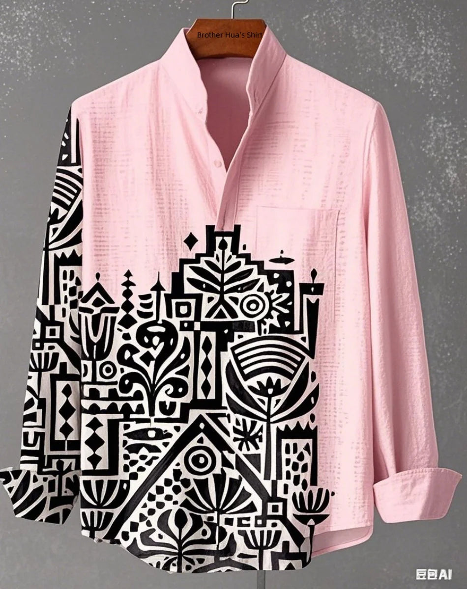 قميص رجالي من الكتان بأكمام طويلة وياقة واقفة