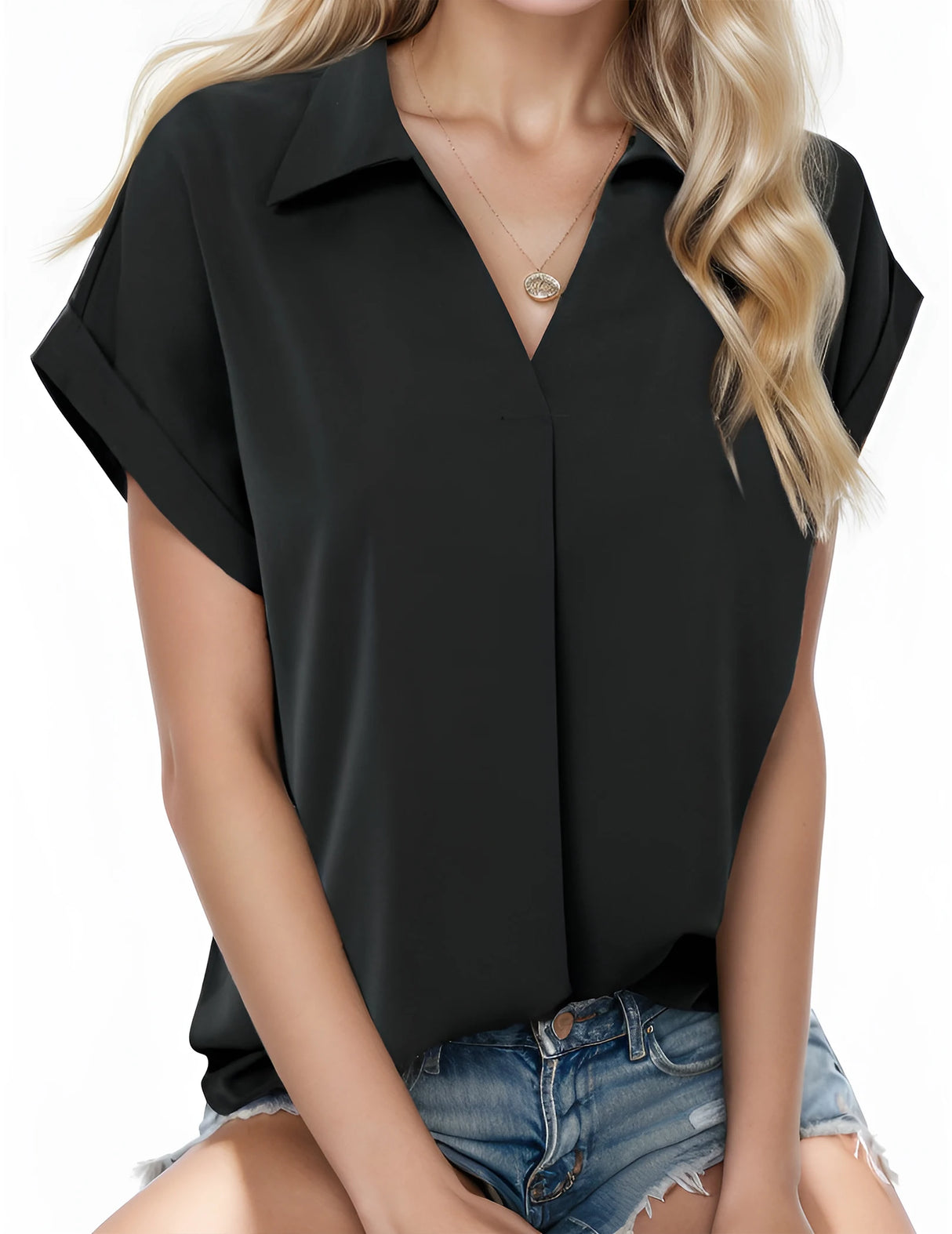 Short sleeve black chiffon shirt for women, ideal for office wear and casual outings, featuring a trendy V-neck design.