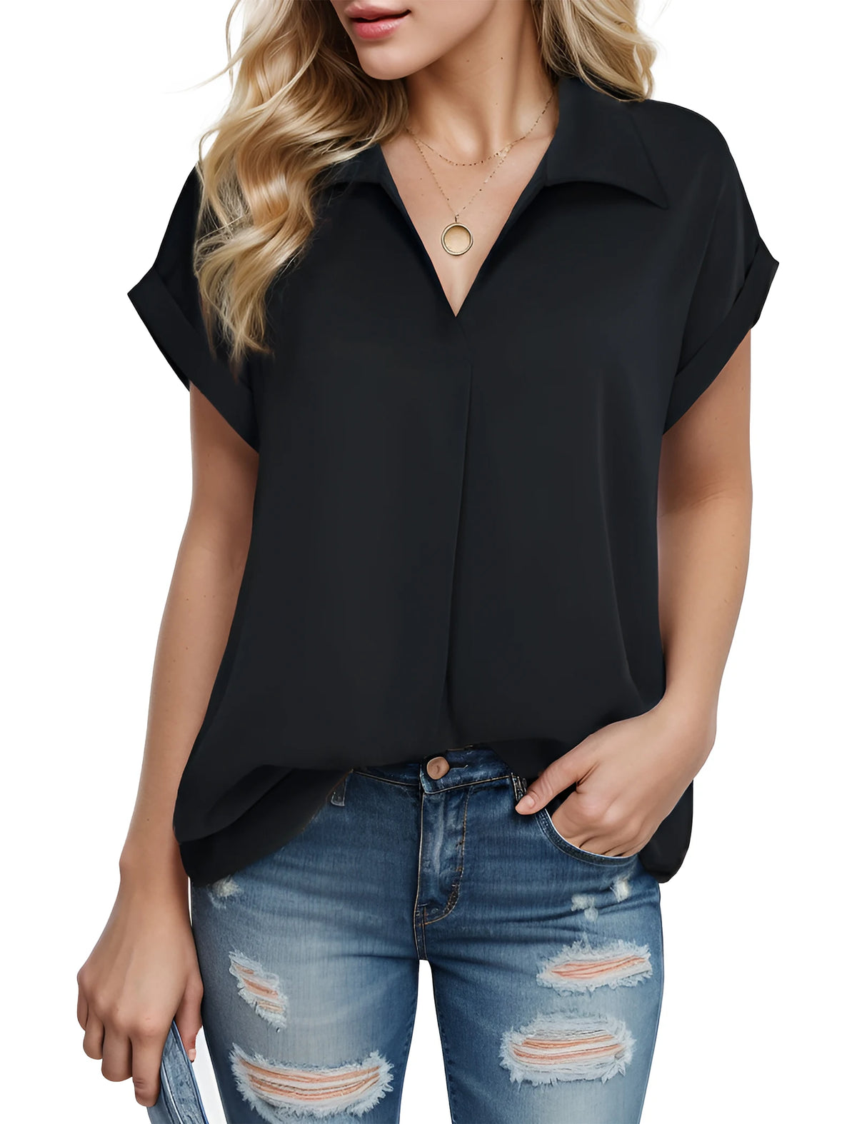 ChiffElegance™ short sleeve chiffon shirt in black, featuring a relaxed fit and casual style, perfect for office wear.