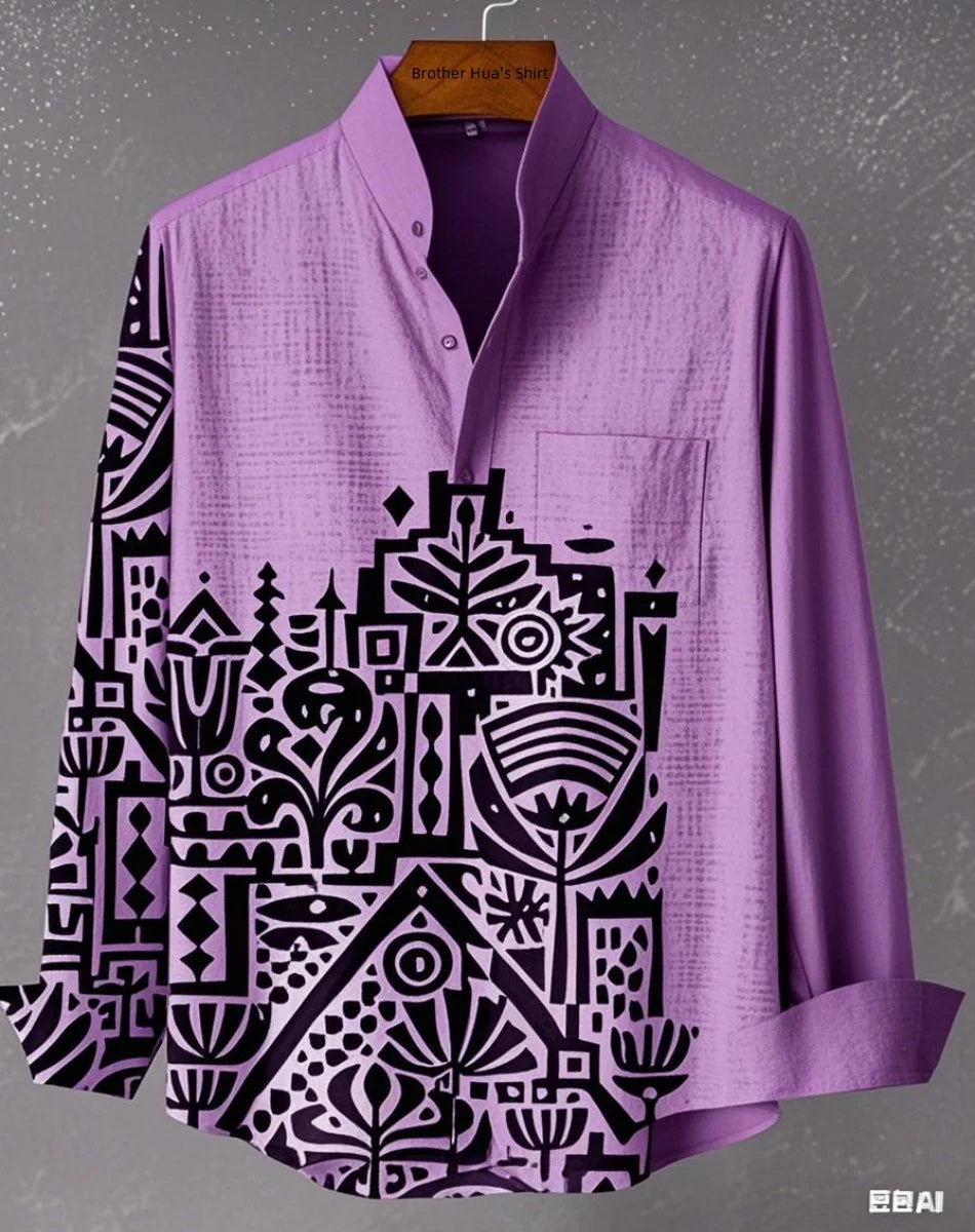 قميص رجالي من الكتان بأكمام طويلة وياقة واقفة