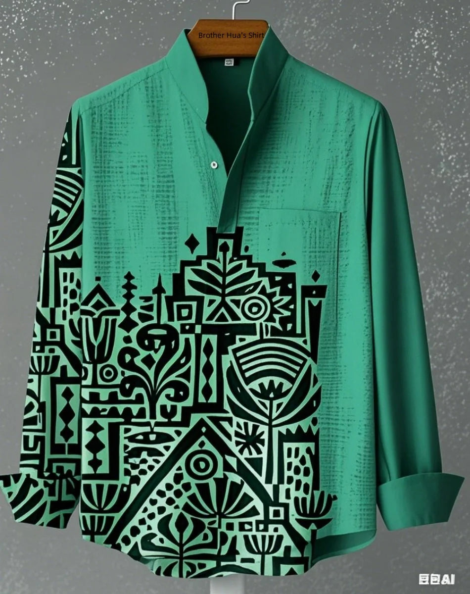 قميص رجالي من الكتان بأكمام طويلة وياقة واقفة