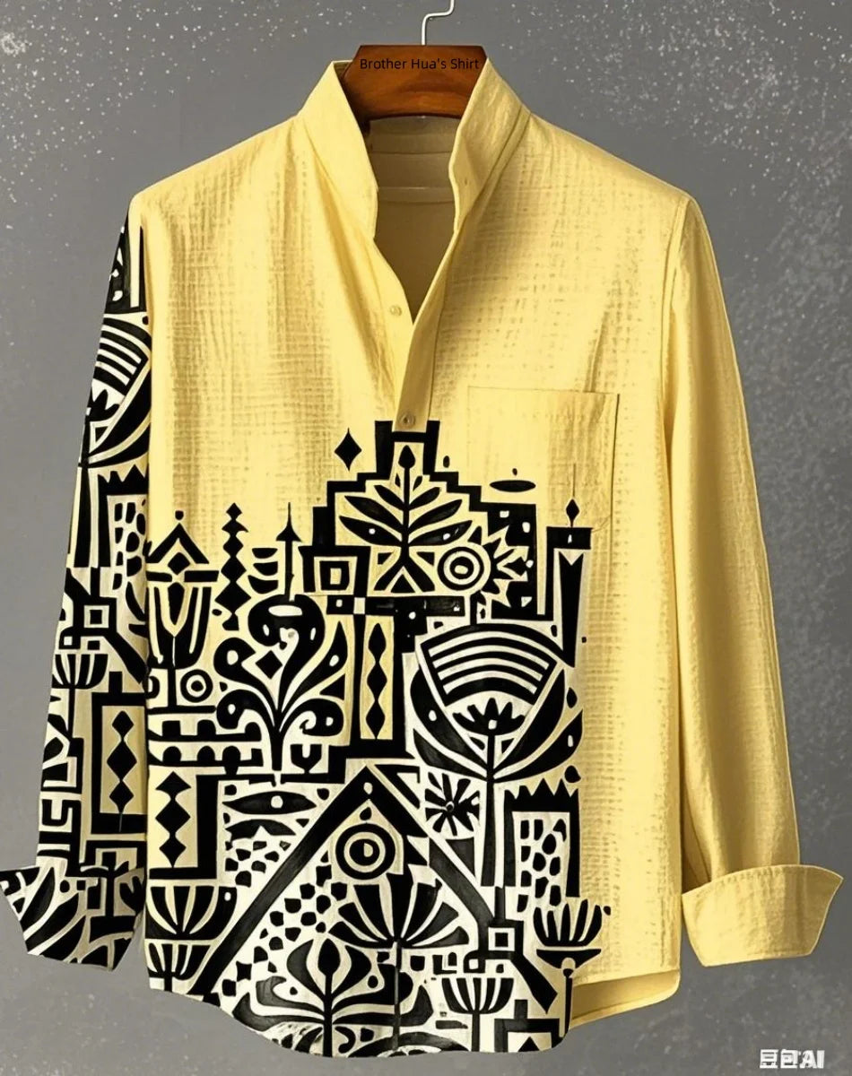 قميص رجالي من الكتان بأكمام طويلة وياقة واقفة