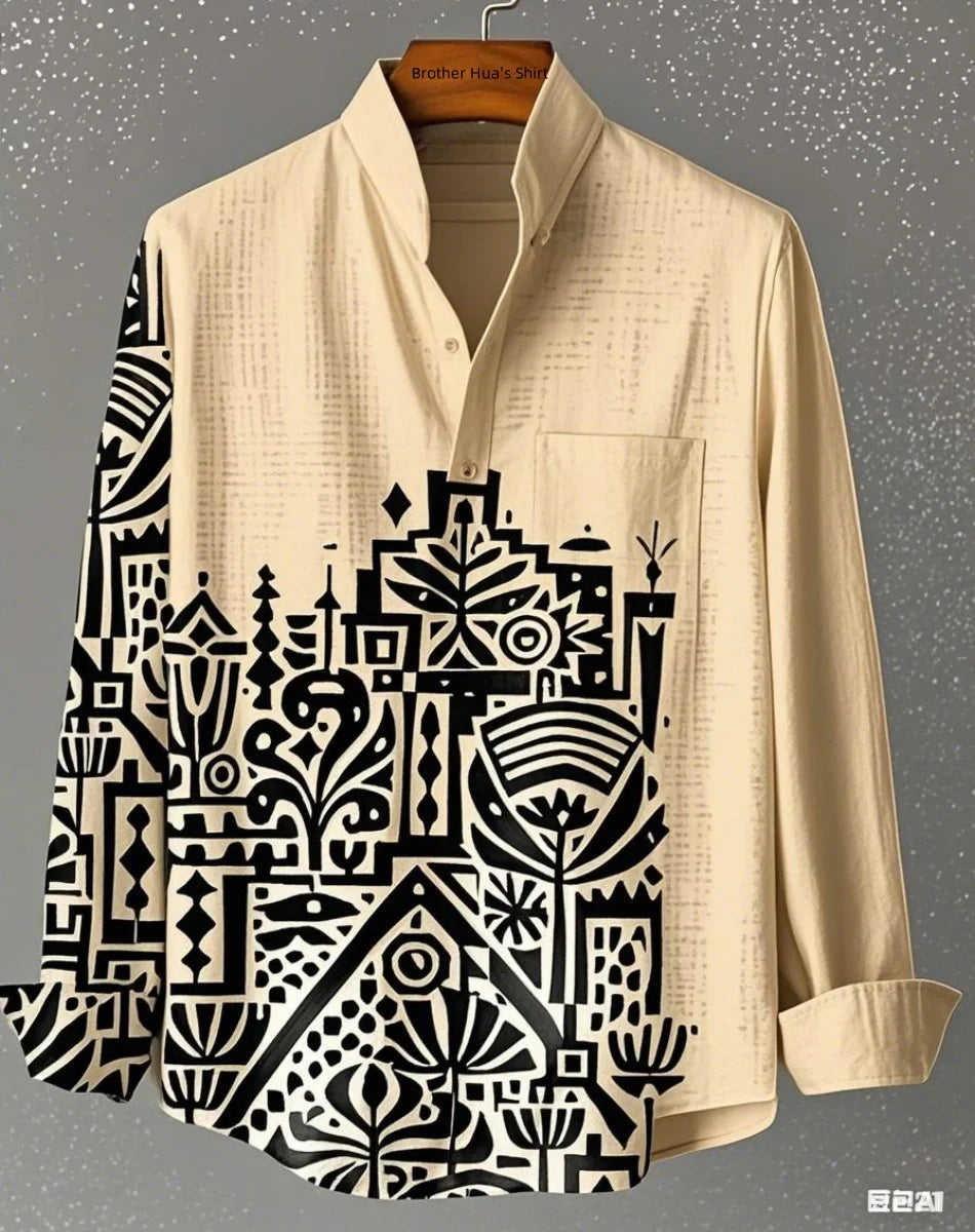 قميص رجالي من الكتان بأكمام طويلة وياقة واقفة