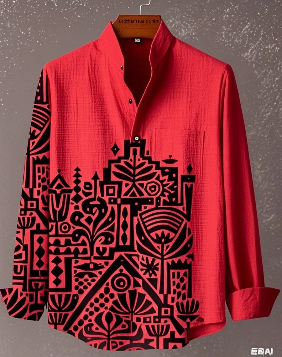 قميص رجالي من الكتان بأكمام طويلة وياقة واقفة