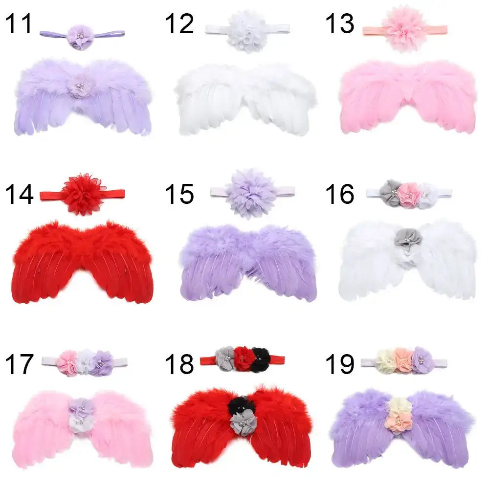 Variety of cute newborn angel feather wings and headbands with flower accents for baby girls.