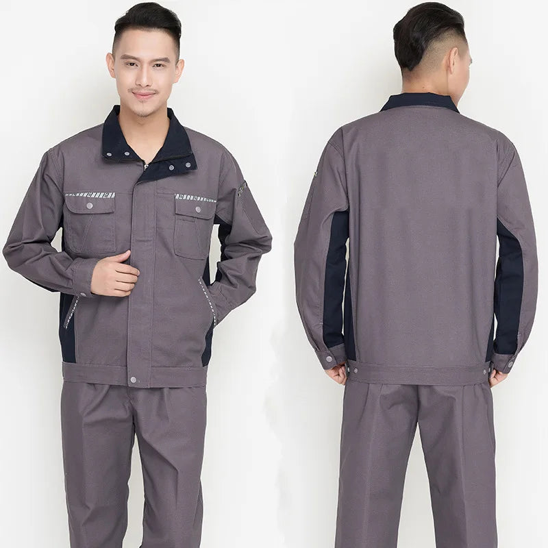 Men's and women's durable workshop clothing set featuring windproof and wear-resistant overall design.