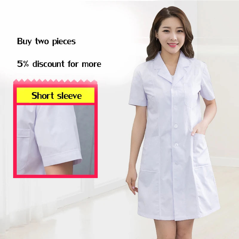 Short sleeve lab coat for women, featuring button pockets and a stylish design, perfect for medical workwear.