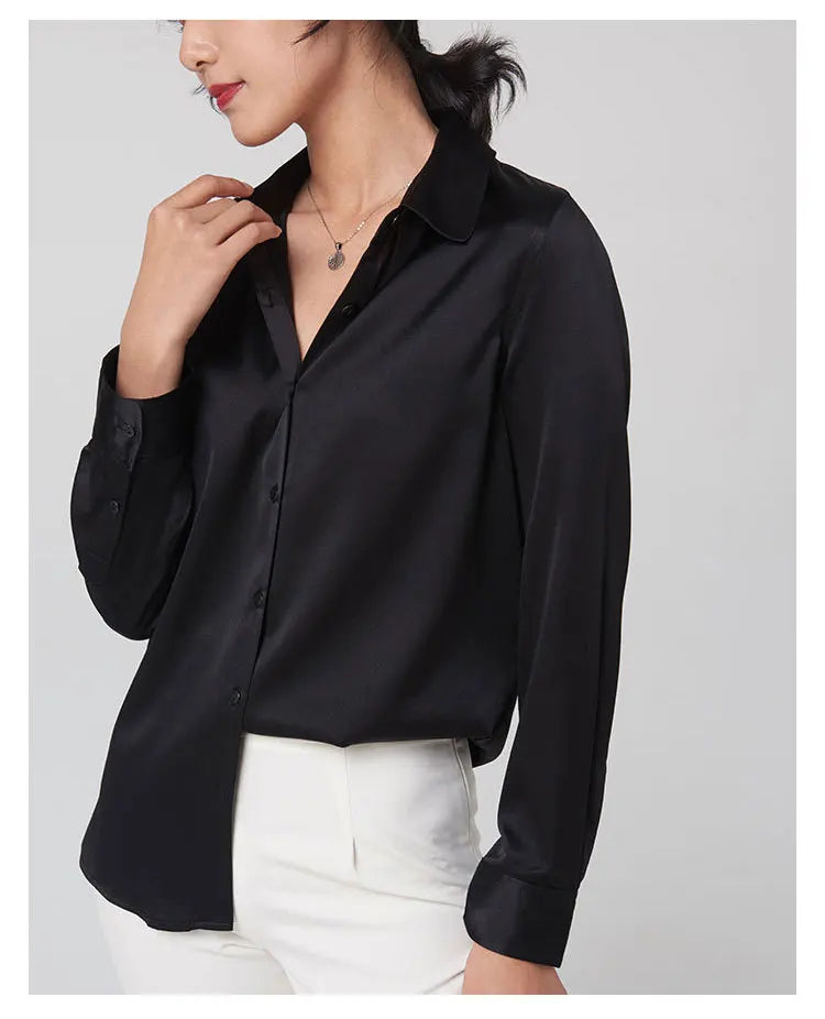 SatinGrace™ long sleeve silk shirt for women in black, featuring a V-neck and loose fit design.