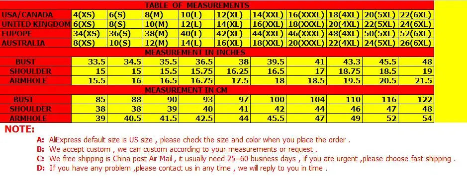 Table of measurements for bridal sizes including bust, shoulder, and armhole dimensions in inches.