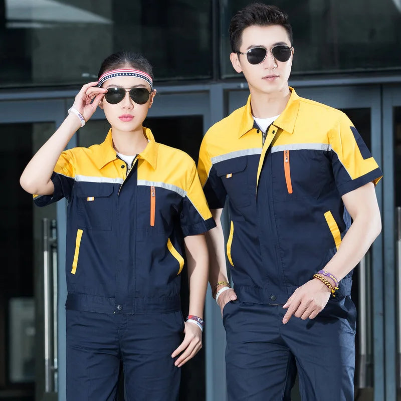 Unisex summer short-sleeve coveralls for men and women in navy and yellow, perfect for auto repair and workshop use.