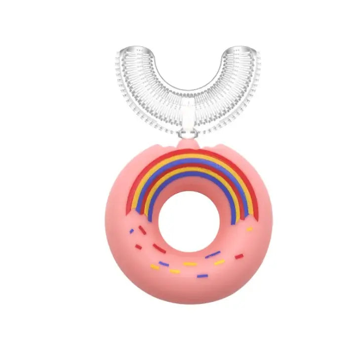 Colorful silicone baby toothbrush in a donut shape with rainbow design, ideal for training toddlers' dental hygiene.