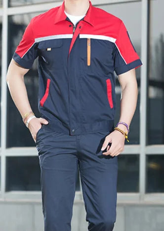 Unisex short-sleeve work coveralls in red and navy, perfect for summer jobs and utility safety.