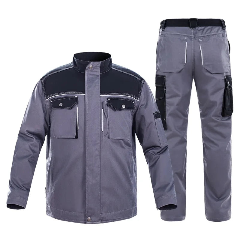 Reflective welding suit in gray, featuring a jacket with pockets and matching pants for safety and durability.