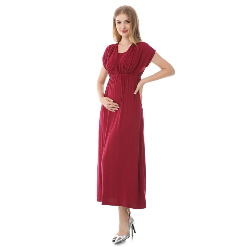 Soft fabric maternity dress in burgundy, designed for postpartum breastfeeding, featuring a flattering V-neck and mid-calf length.