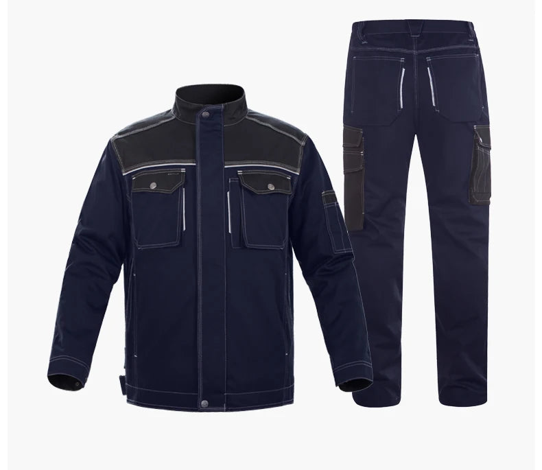 Reflective welding suit with jacket and pants for safety, anti-scalding, and work uniform, durable and windproof.