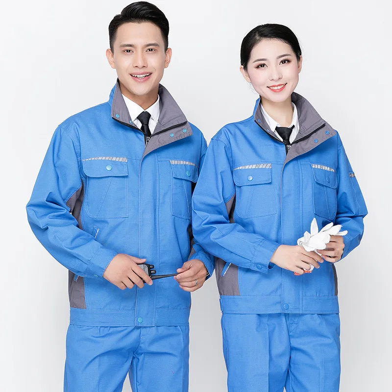 Men and women wearing blue durable workshop overalls, showcasing utility and safety work clothing for various sectors.
