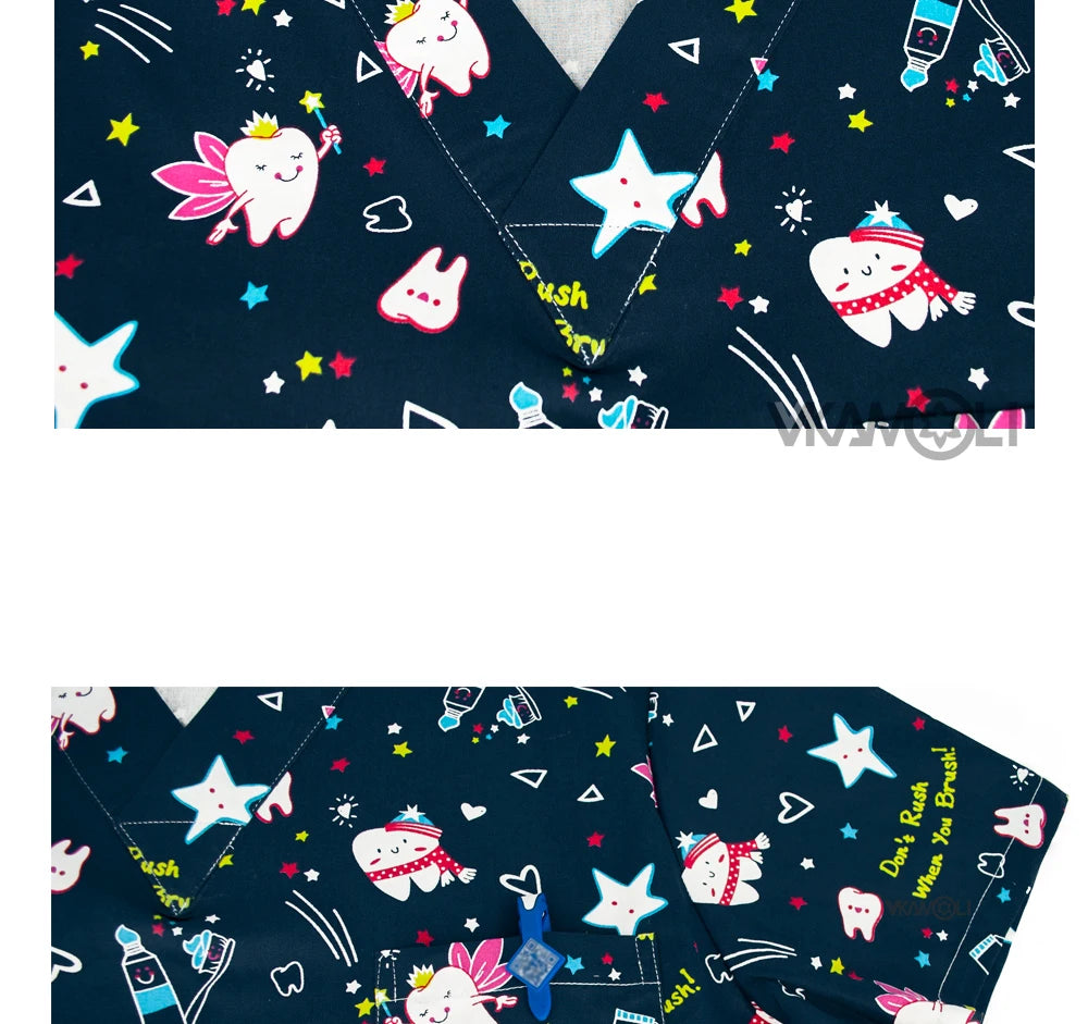 Cartoon print scrub tops featuring colorful tooth designs and stars, perfect for medical professionals, clearance sale.