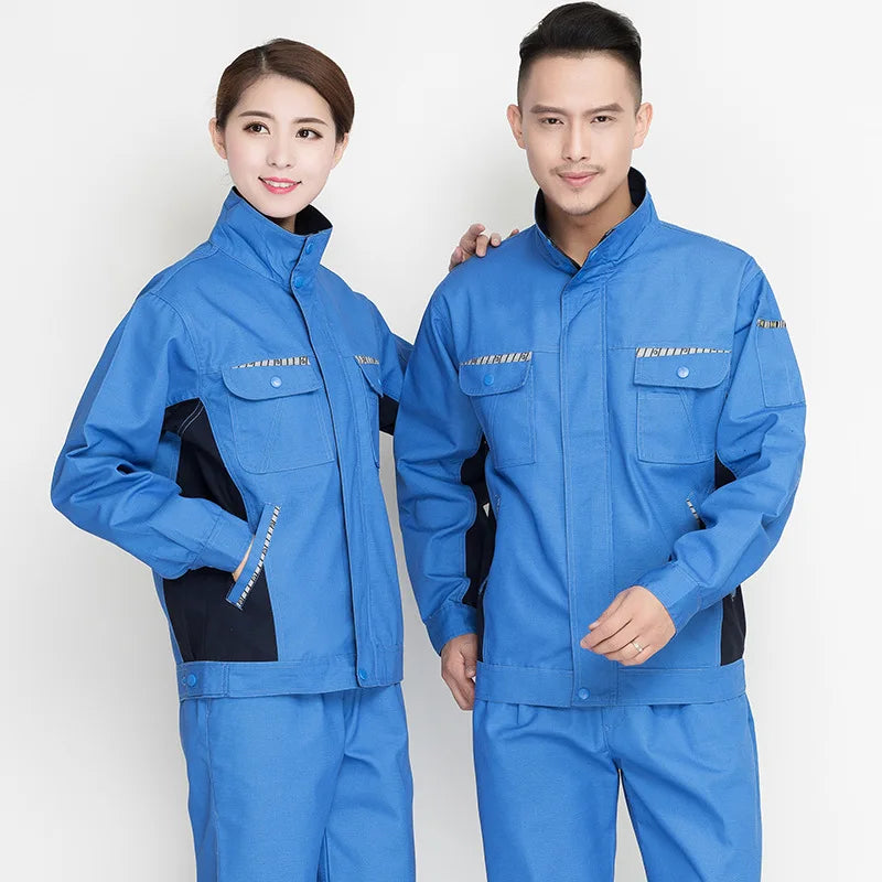 Unisex blue work clothing set featuring a durable jacket and pants, ideal for workshop and utility purposes.