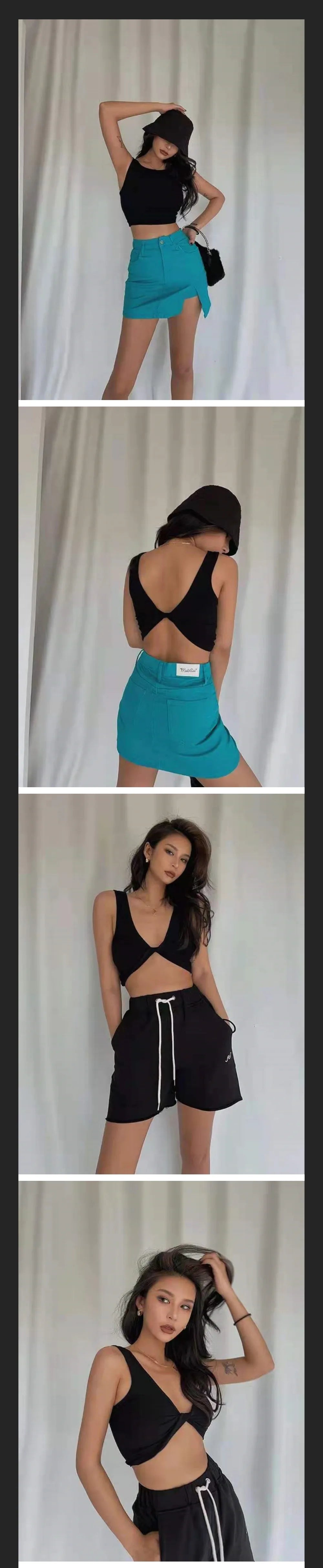 Model showcasing DeepVibe™ seamless ribbed crop top paired with stylish shorts in a minimalist photo shoot.