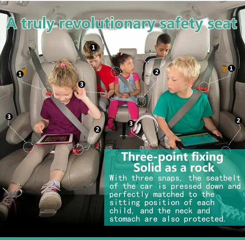 Five children securely seated in a car with a revolutionary three-point safety seat, ensuring safety and comfort.
