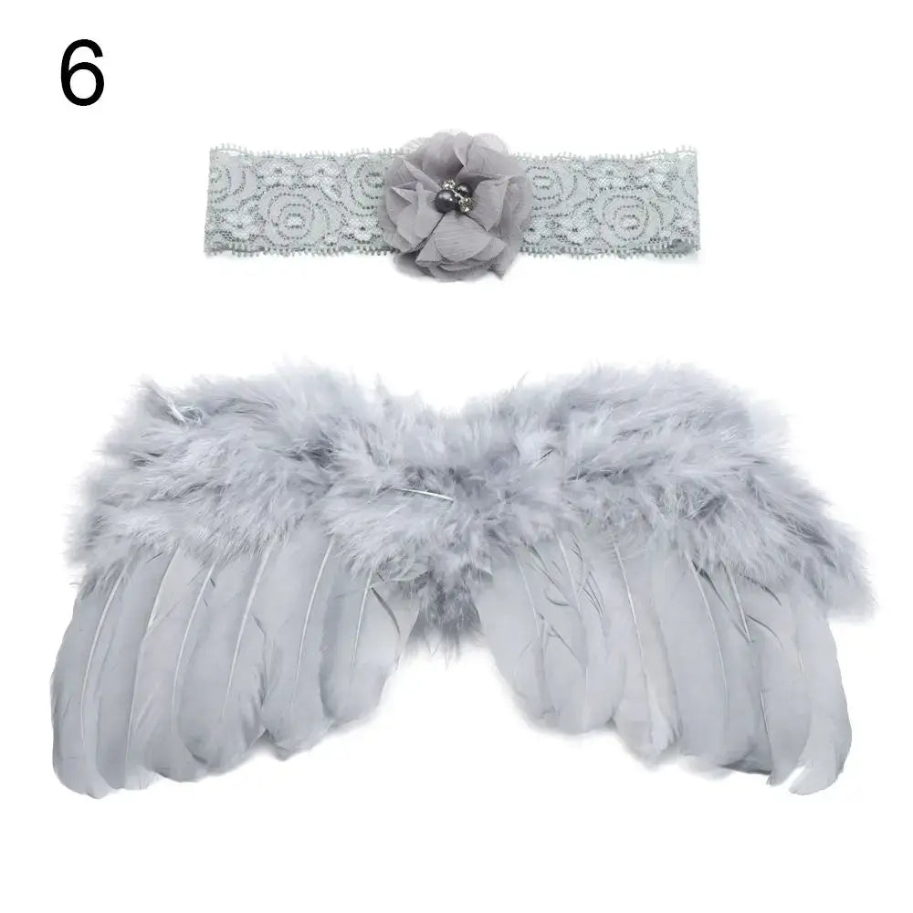 Cute newborn angel feather wings and floral headband set for baby girls, perfect for photos and special occasions.