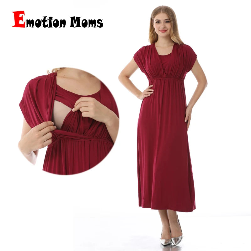 Soft fabric maternity nursing dress by Emotion Moms, featuring a v-neck and breastfeeding function, in burgundy color.