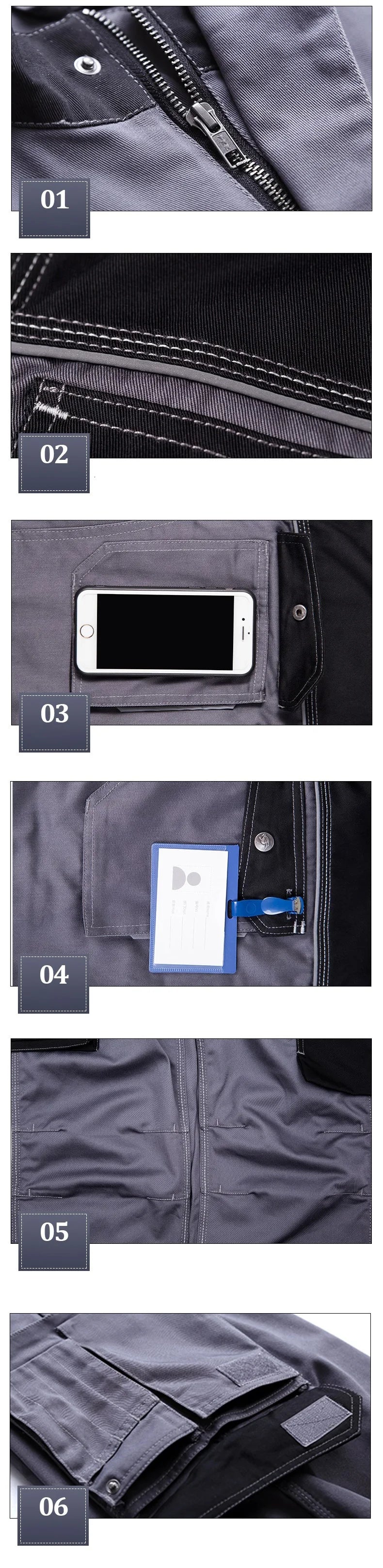 Close-up images of features on the Reflective Welding Suit, showcasing pockets and zipper details for utility.