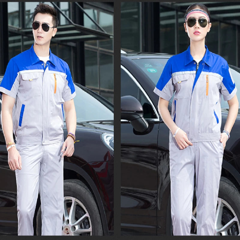 Unisex summer working uniforms showcasing short-sleeve coveralls in blue and gray, ideal for mechanics and auto repair.
