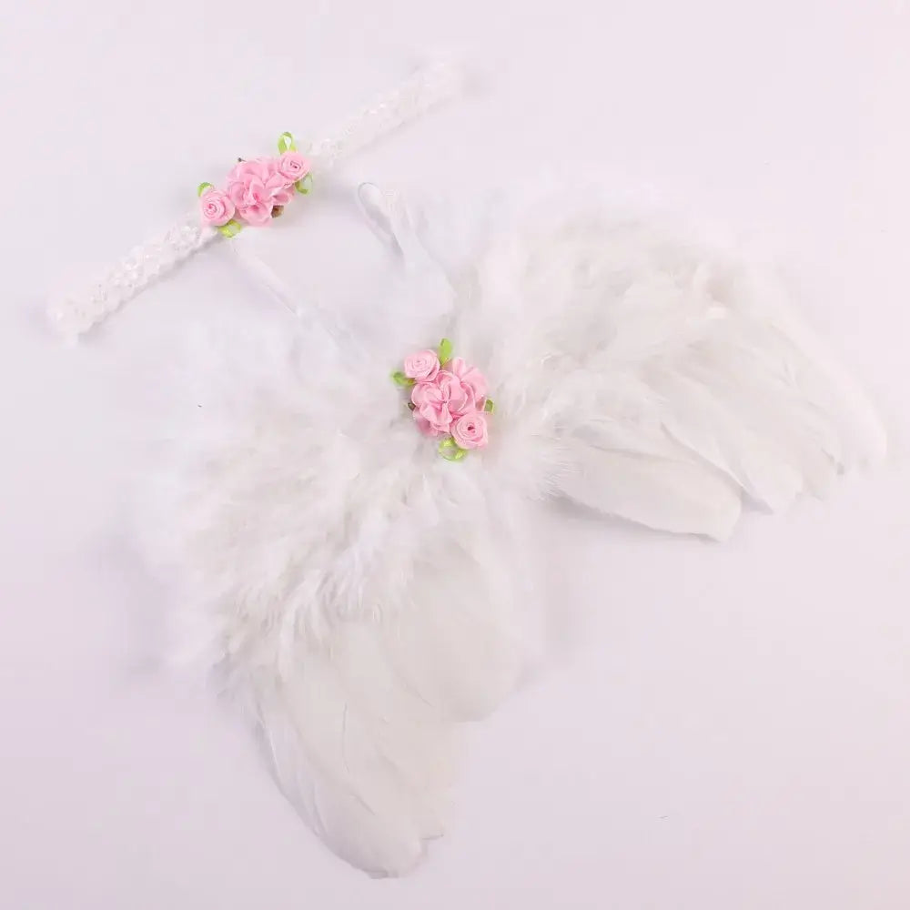 Cute newborn angel feather wings with pink rose flower headband for baby girls.
