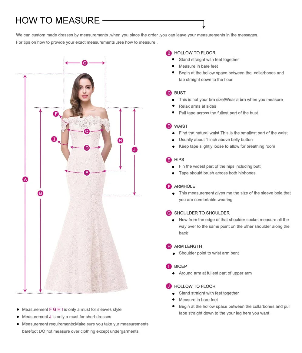Infographic detailing how to measure for a custom off-shoulder wedding dress with clear measurement guidelines.