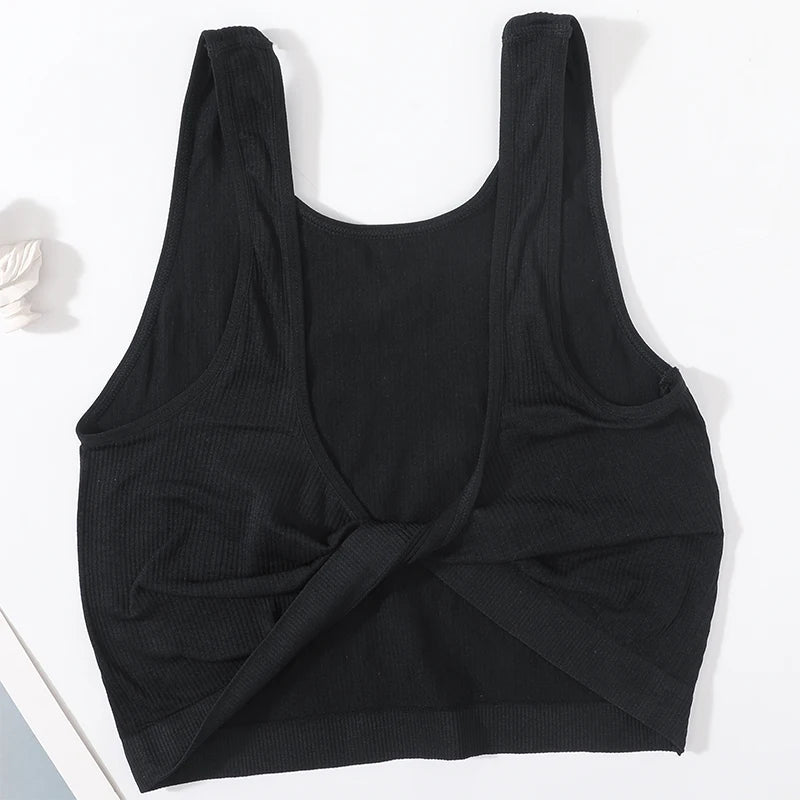DeepVibe™ black ribbed crop top, seamless streetwear camisole for women, soft nylon and spandex blend.