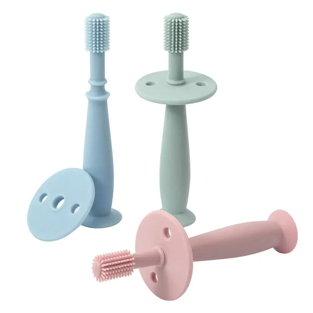 Colorful soft silicone training toothbrushes for babies, perfect for ages 0-6 years, made from safe materials.