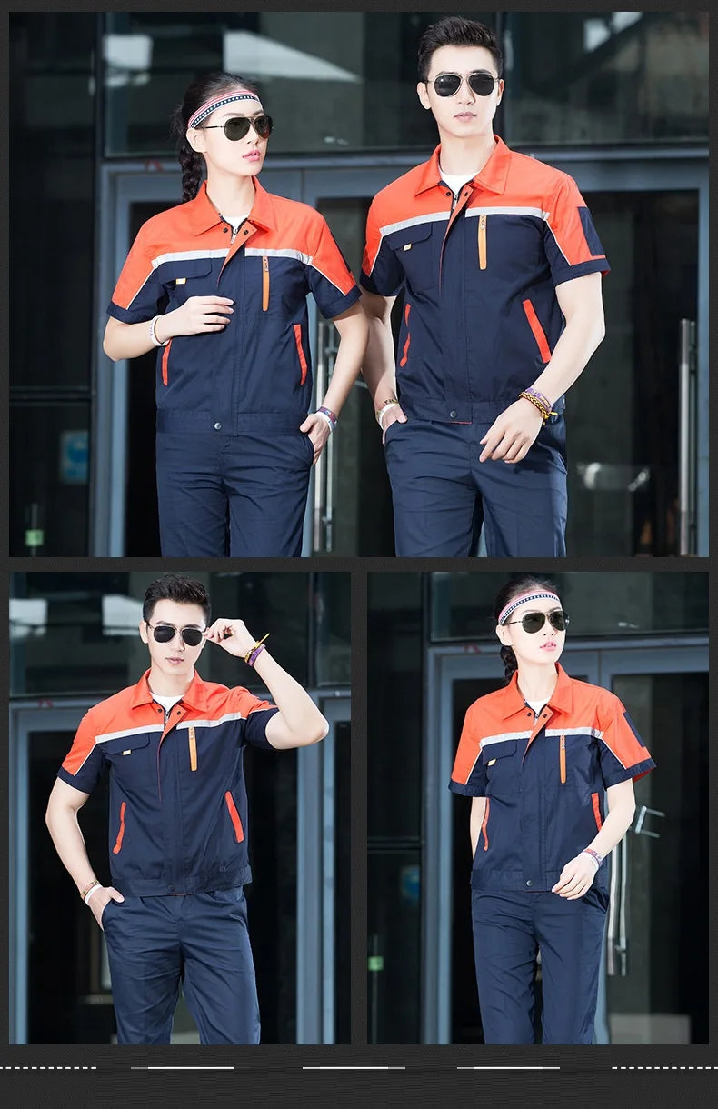 Summer working uniforms for men and women, featuring short sleeves and breathable fabric, ideal for auto repair and mechanics.