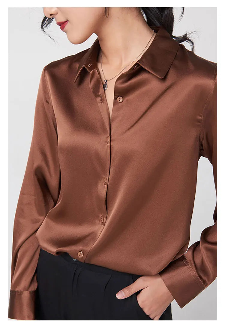 SatinGrace™ long sleeve silk shirt in rich brown, featuring a V-neck and single-breasted closure for women.