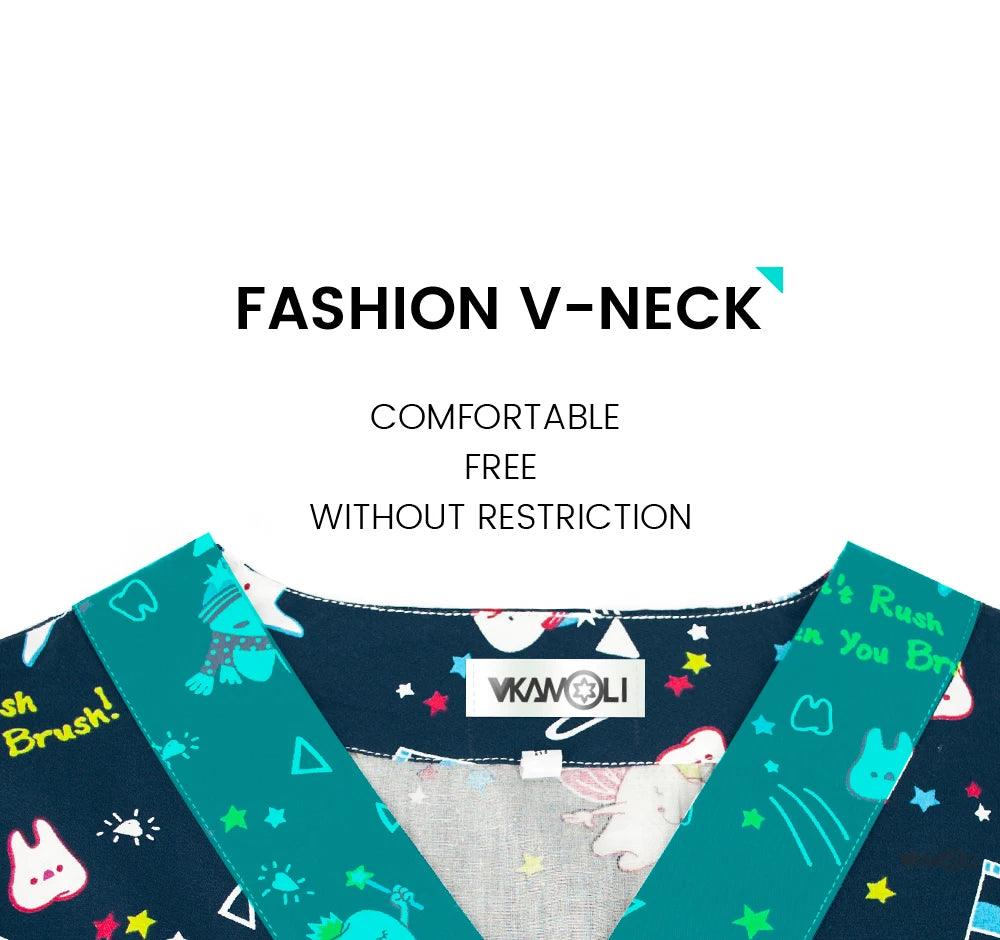 Fashion V-neck cartoon print scrub top, comfortable and free without restriction, perfect for medical use.