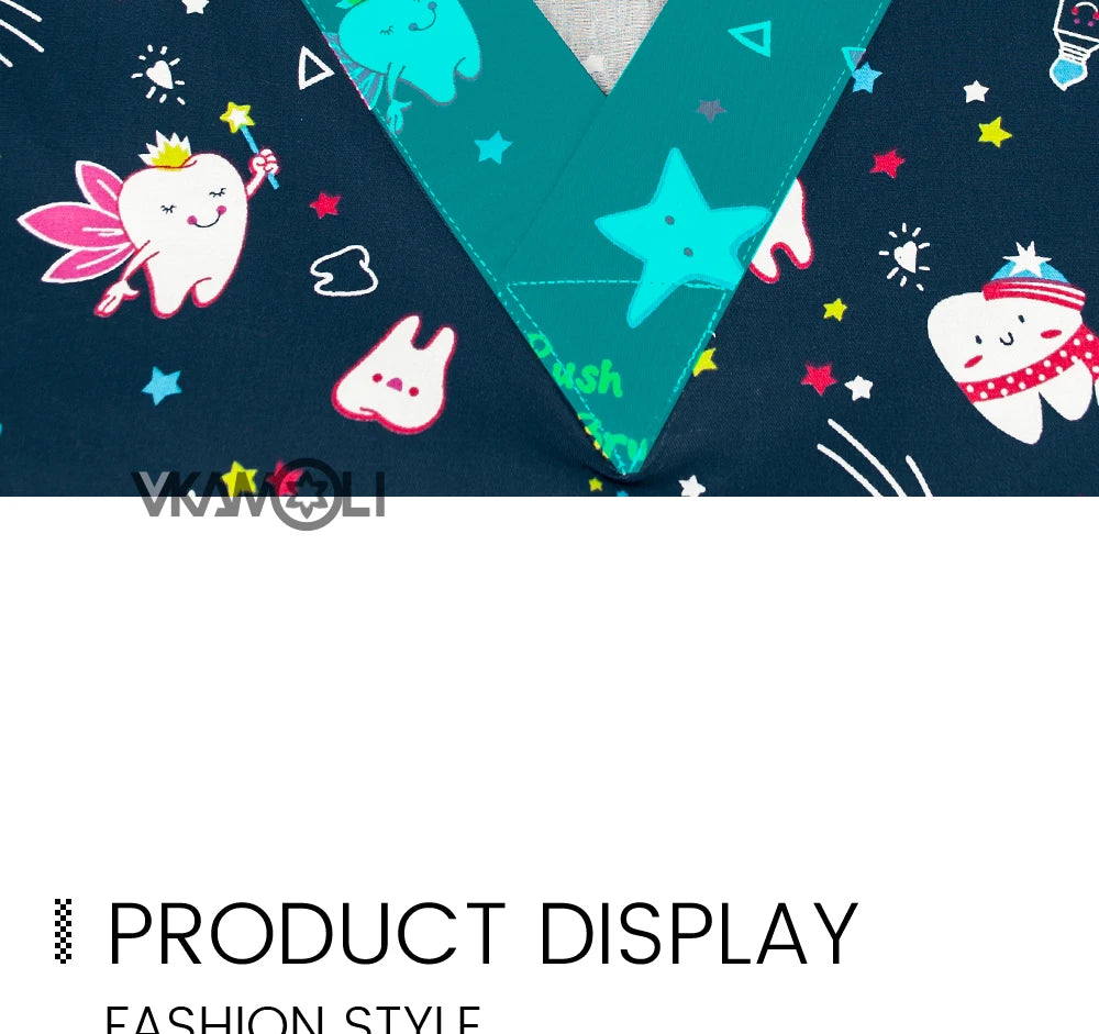 Close-up of Cartoon Print Scrub Top with V collar and playful dental-themed designs by vkamoli