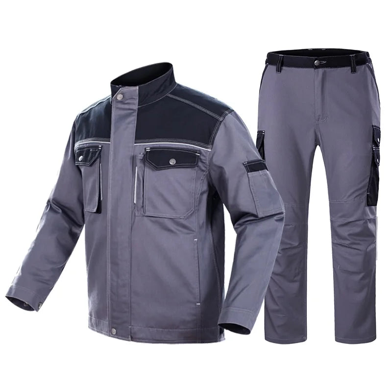 Reflective welding suit set including a gray jacket and pants designed for safety and durability in work environments.