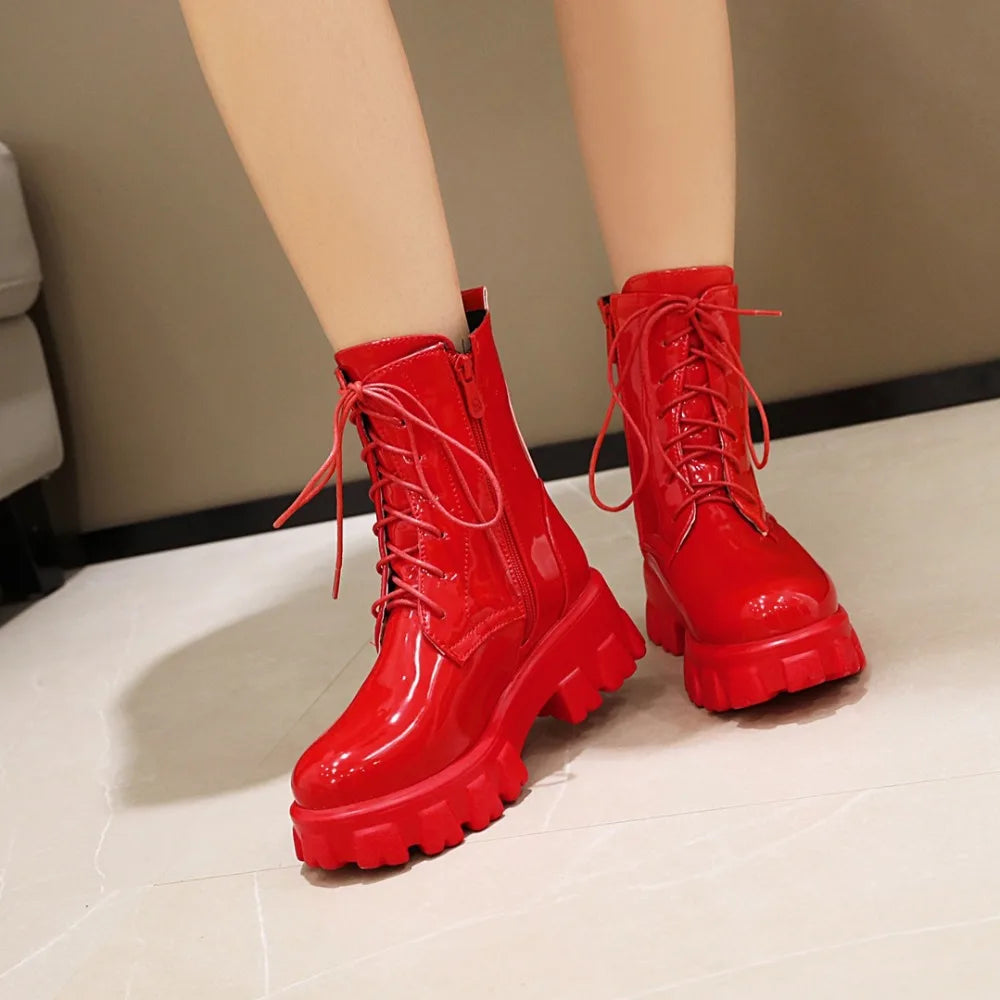 Women Patent Leather Platform Ankle Boots – High Heel Autumn Winter