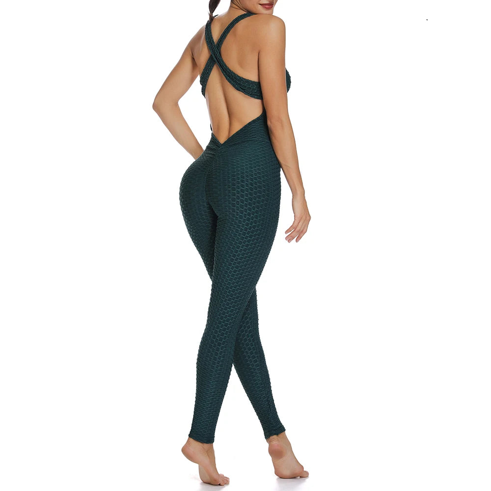 GymHalo™ – Backless Halter Skinny Jumpsuit (Fitness-Focused, Breathable & Bold)