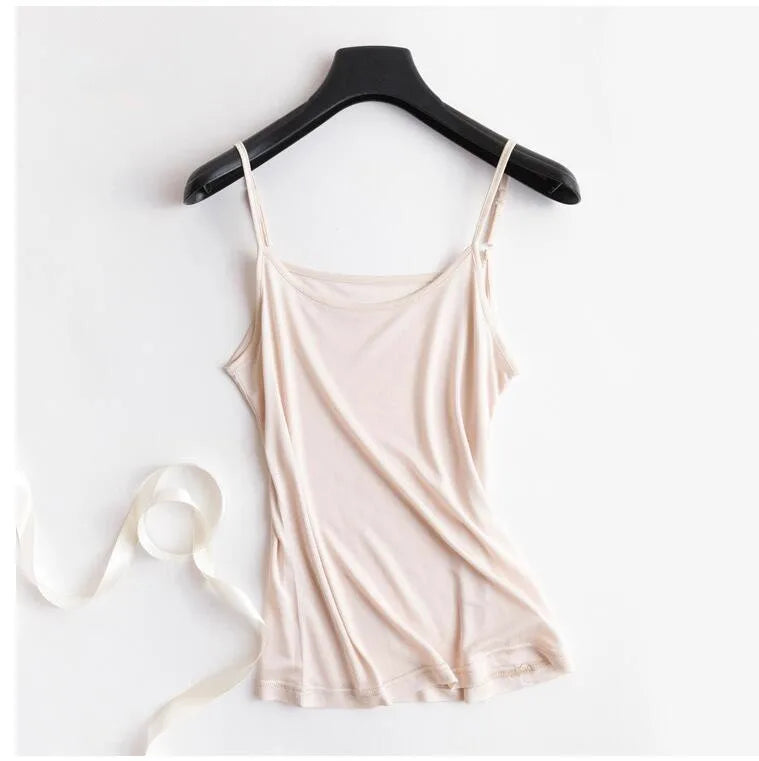 Lightweight women's cami in soft mulberry silk, U-neck design perfect for summer wear.