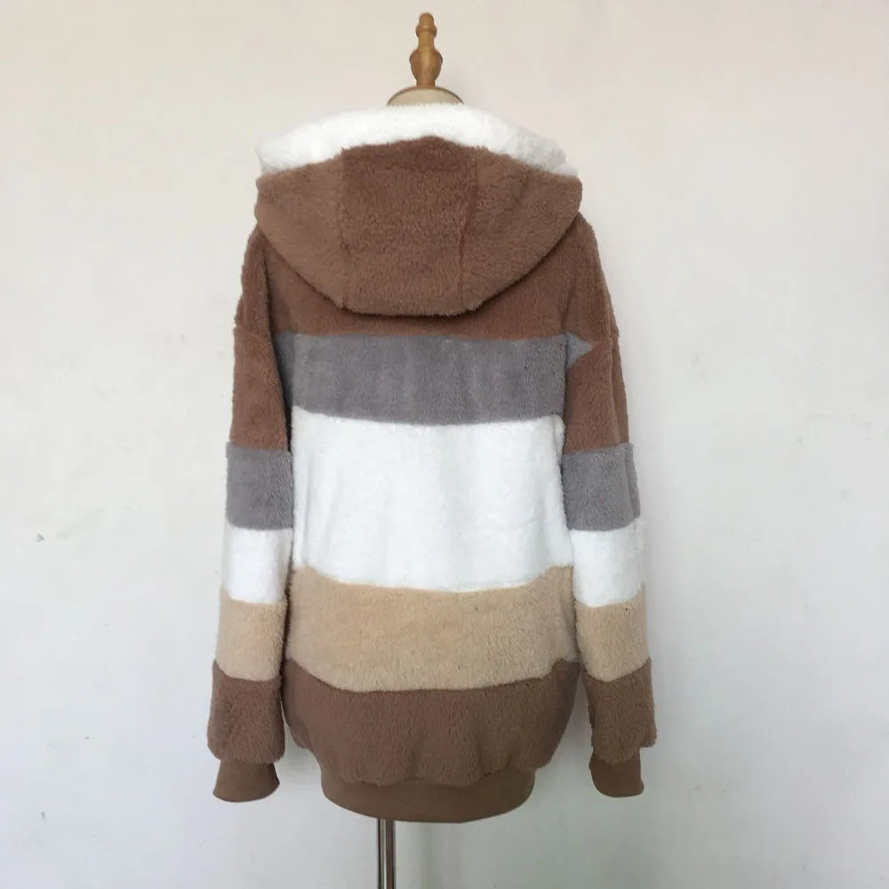 Warm Plush Patchwork Hooded Winter Coat