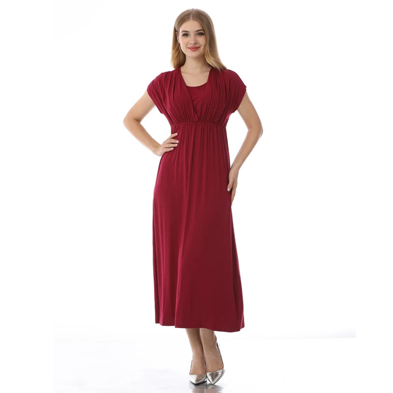 Soft fabric nursing maternity dress in burgundy, featuring a comfortable design for breastfeeding.