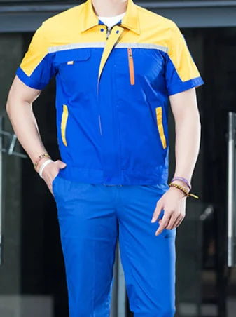 Unisex short-sleeve breathable coveralls in blue and yellow, ideal for mechanics and electricians, showcasing utility and comfort.
