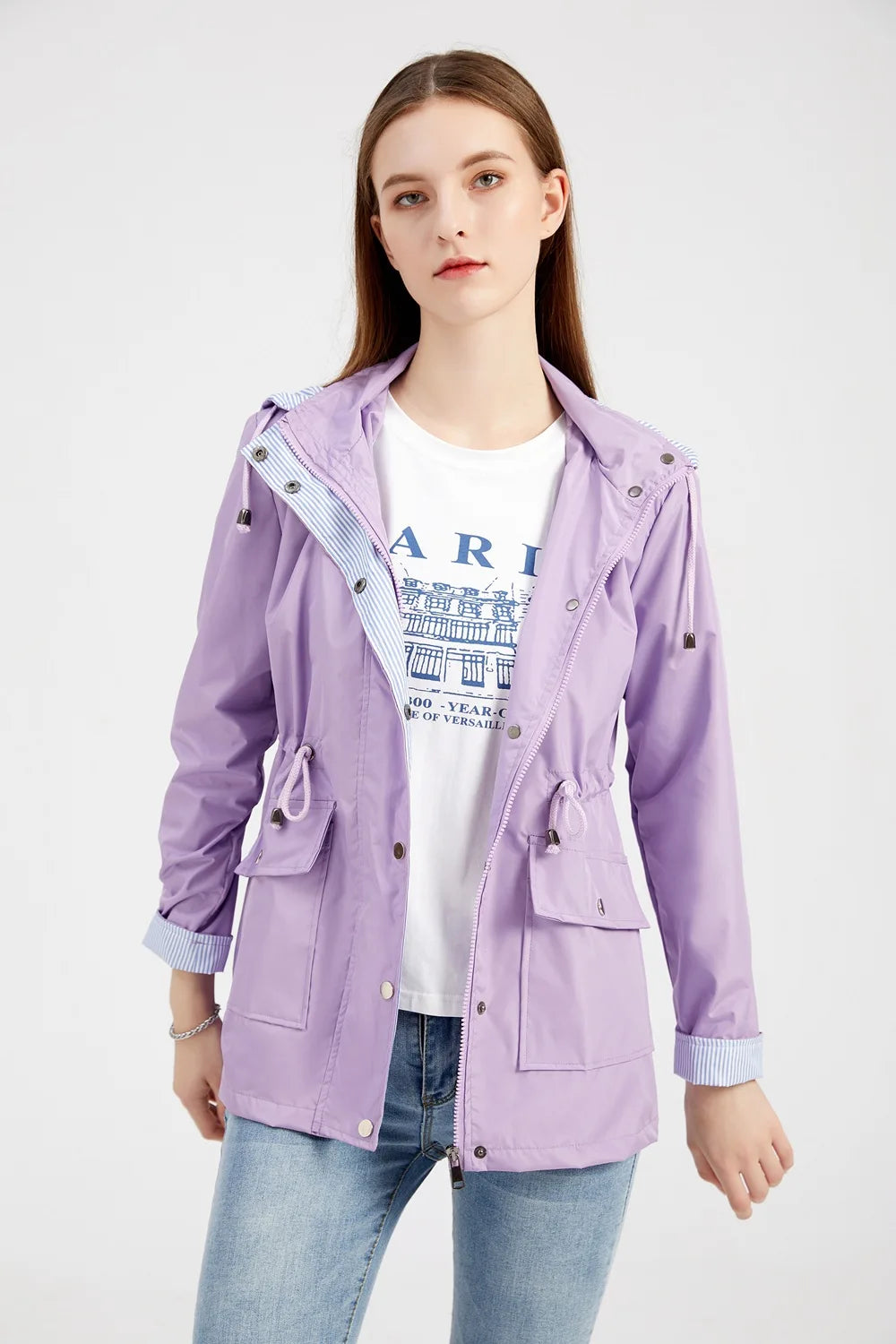 Purple Hooded Waterproof Women's Jacket – Spring Office Outerwear