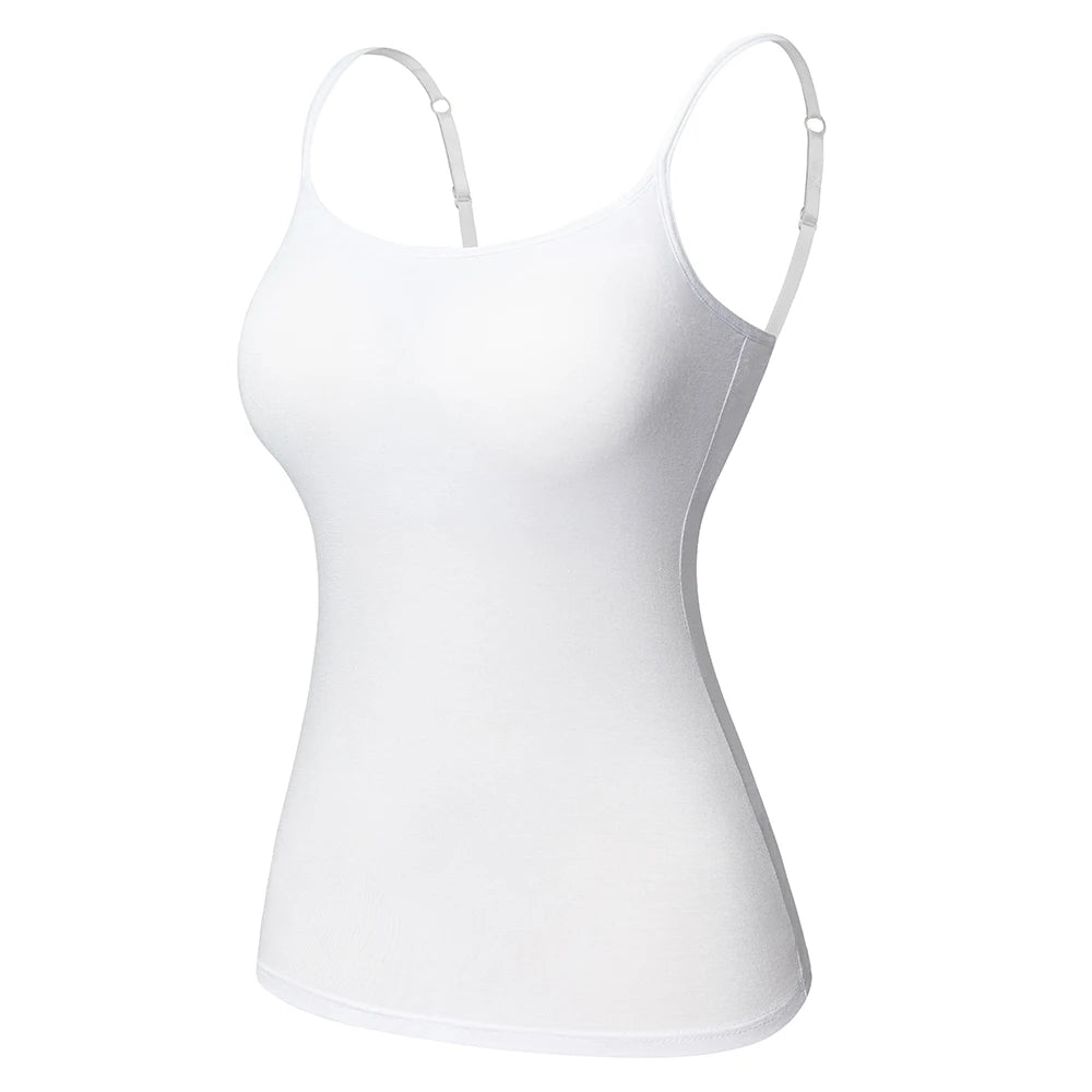 ShapeEase™ white camisole with adjustable straps, built-in shelf bra, soft breathable fabric, perfect layering piece.