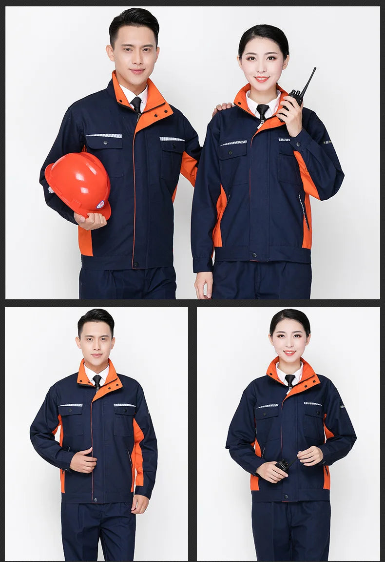 Unisex durable workshop overall in navy and orange, displayed by male and female models, ideal for work safety and utility.