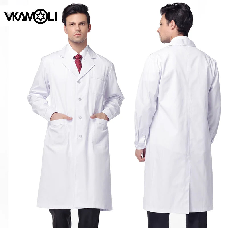 White lab coat for men by vkamoli, featuring a button closure and pockets, suitable for medical work.