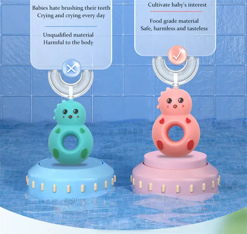 Soft silicone baby toothbrush in blue and pink, designed to engage babies while ensuring safety and comfort during brushing.