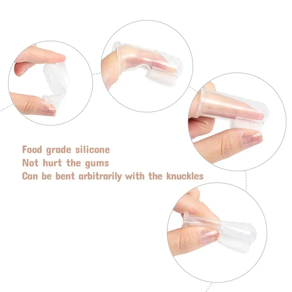 Images showing a baby soft silicone toothbrush designed for gentle gum care, featuring flexible food-grade silicone material.