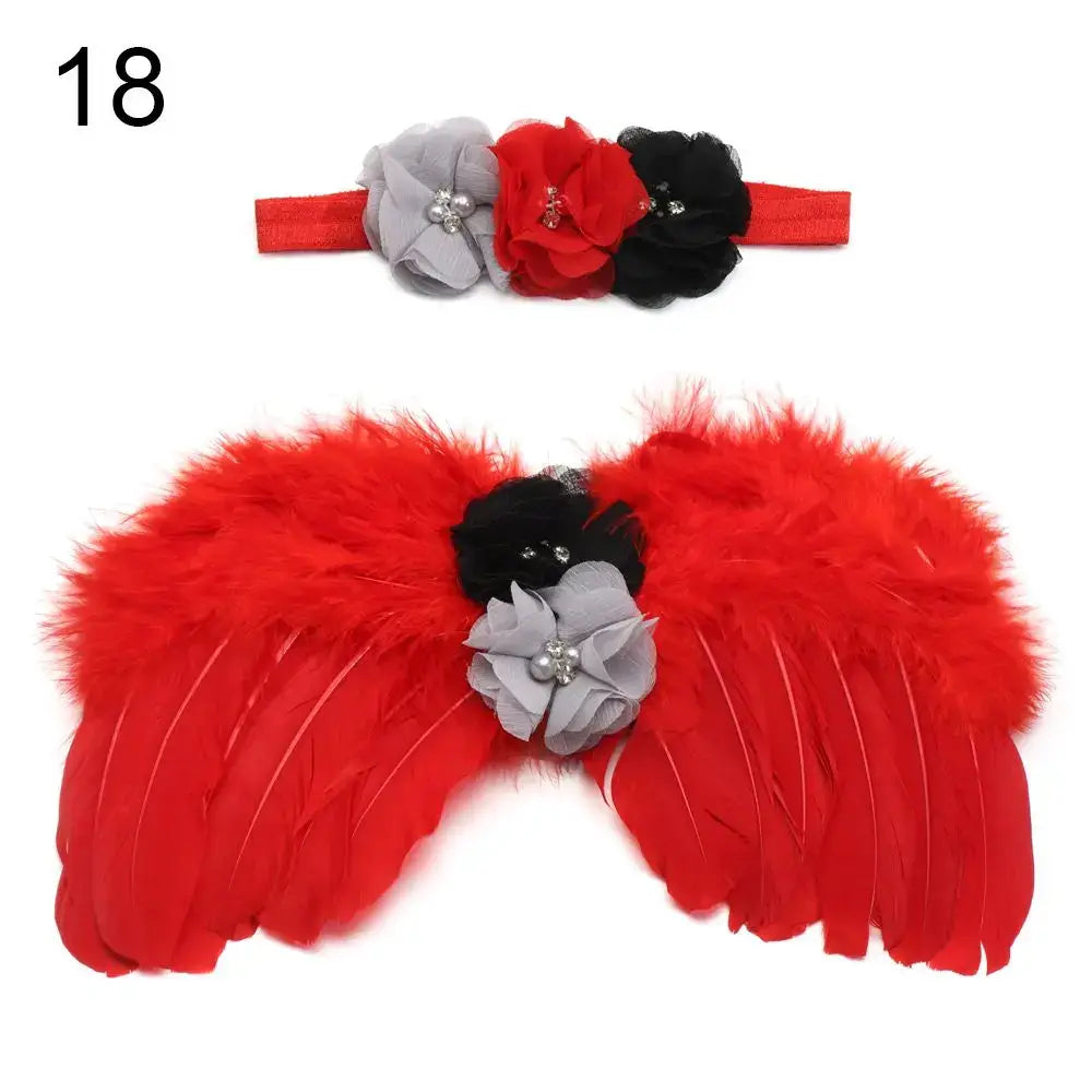 Cute red angel feather wings with matching flower headband for baby photo prop.